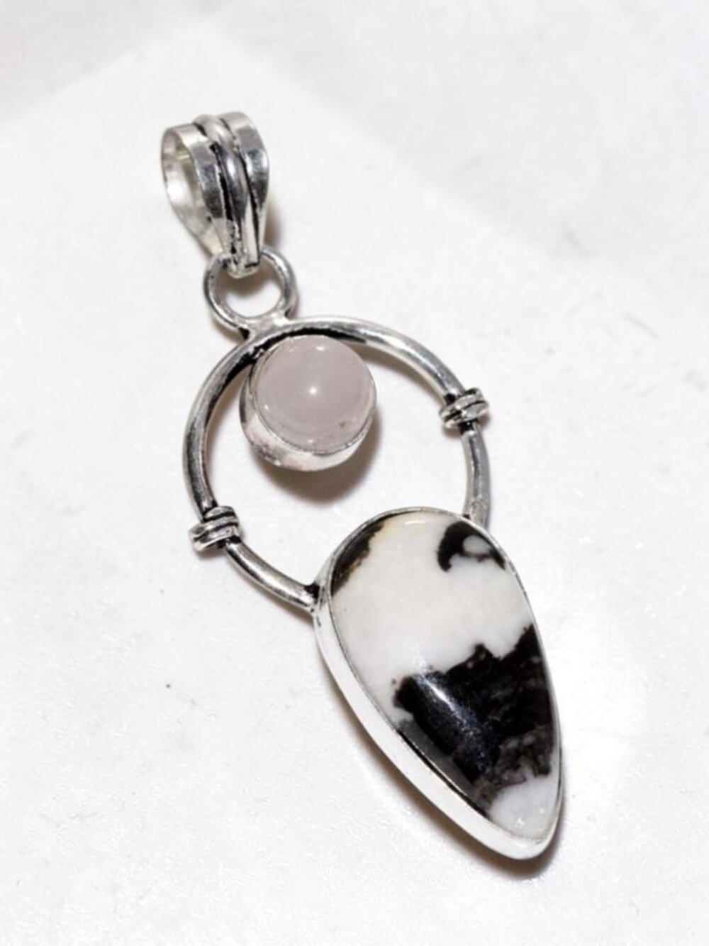 925 Silver Plated Long White Buffalo & Turquoise Rose Quartz Pendant 2.2"